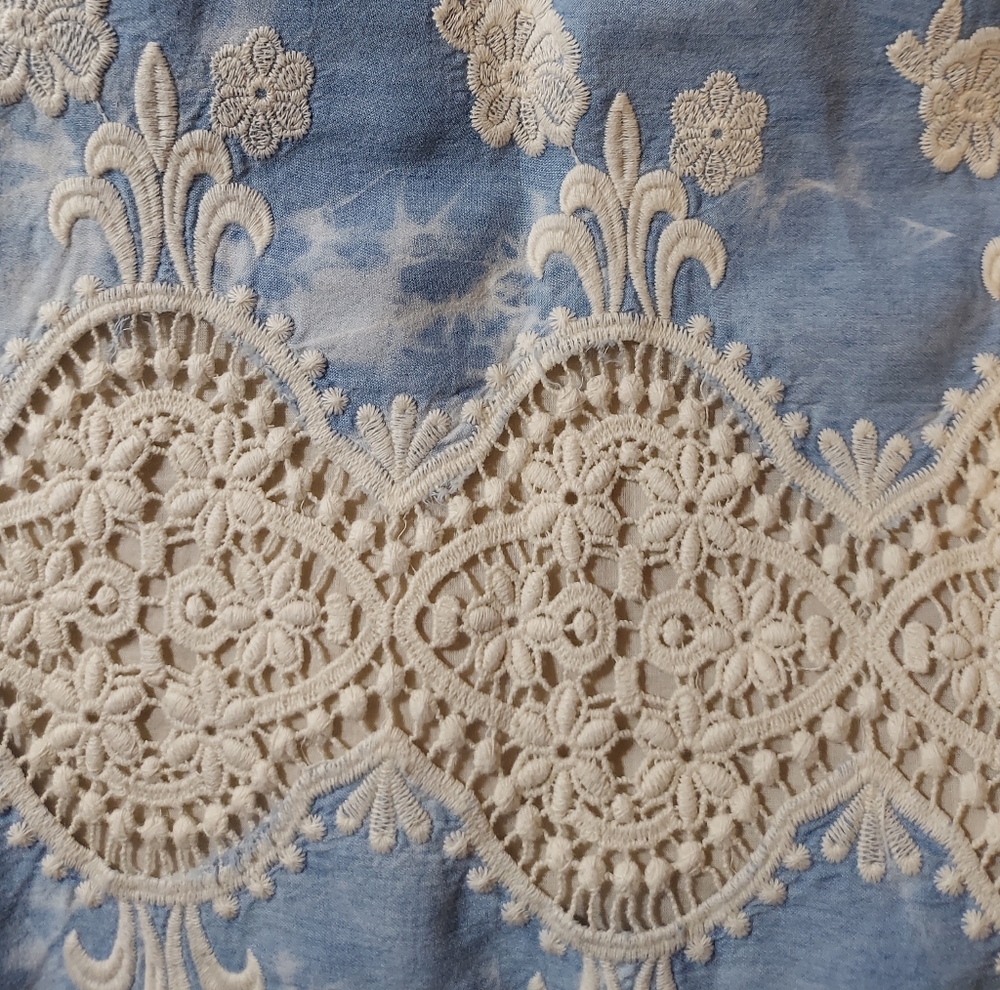 NWOT Union Of Angels Embroidered Blue And Cream Cotton Dress Bell Sleeves XS - Picture 7 of 14